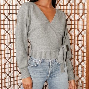 Lulu’s Sweet and Sophisticated Heather Grey Knit Faux-Wrap Sweater